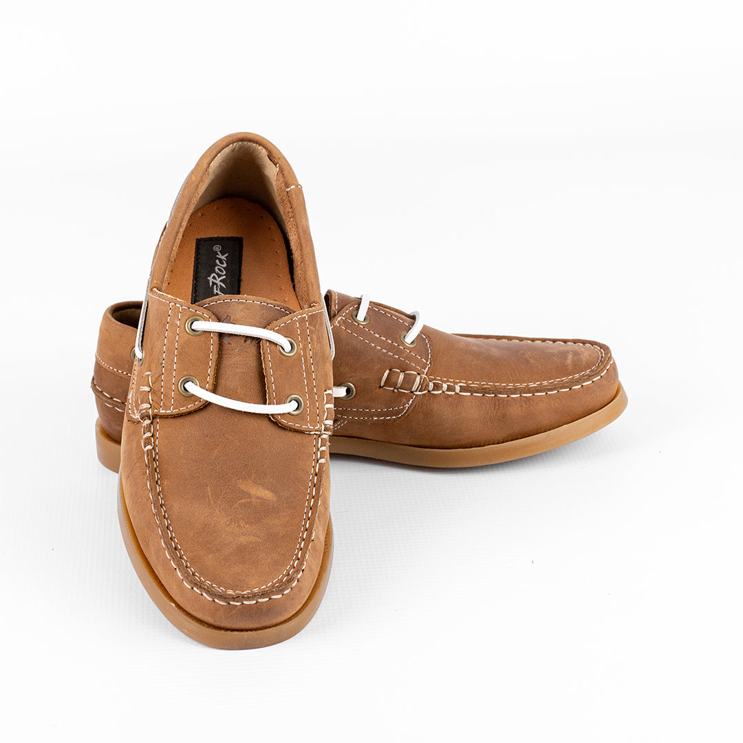 Close-up of the white leather lacing and stitch detail on the Wolf Rock Kyle Boat Shoe.