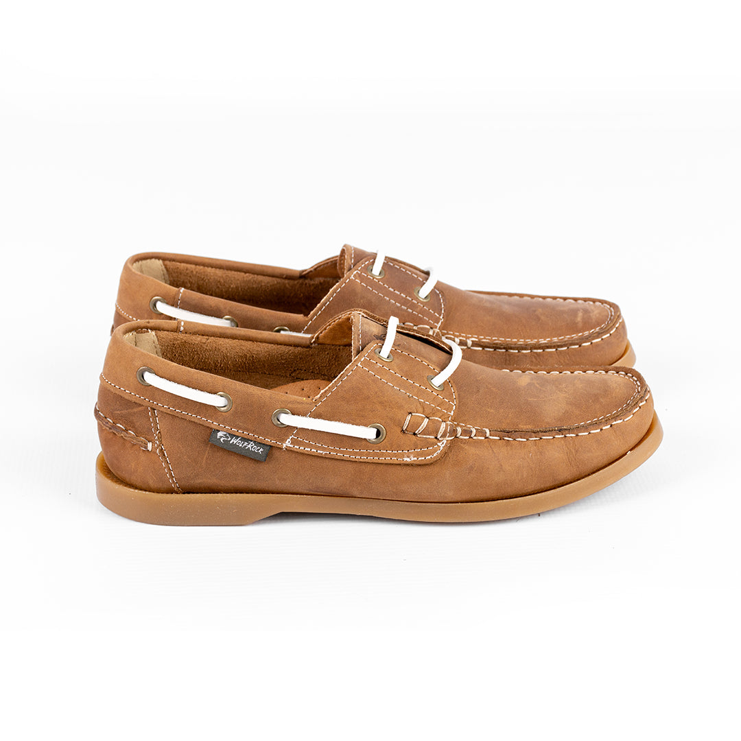 A pair of Wolf Rock Kyle Boat Shoe Santiago Dark Choc with white stitching and contrasting white lace detail.