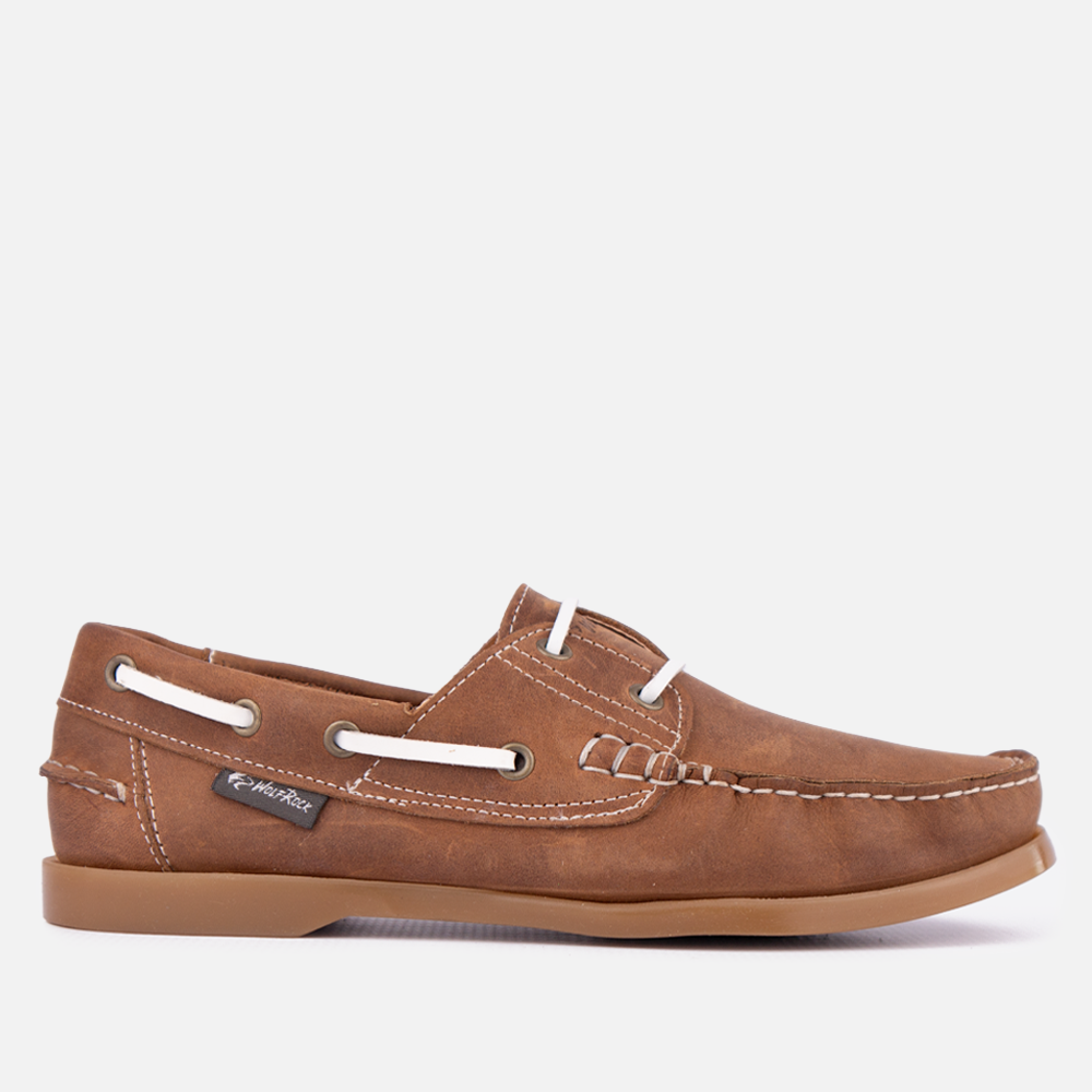 Side profile of the Wolf Rock Kyle Boat Shoe in Santiago genuine leather with white contrast trim.