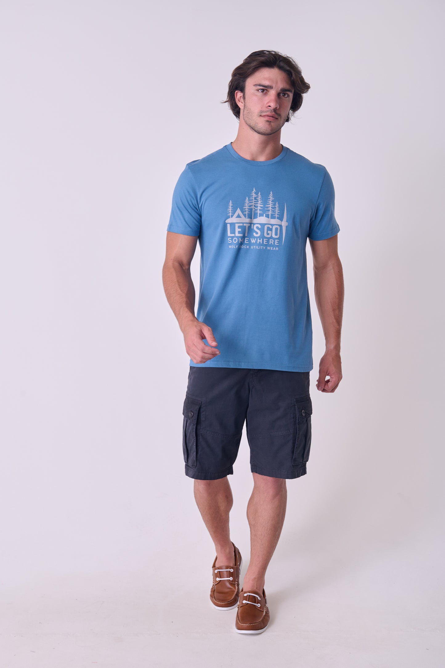 Front view of the Wolf Rock Let's Go Tee in Petrol