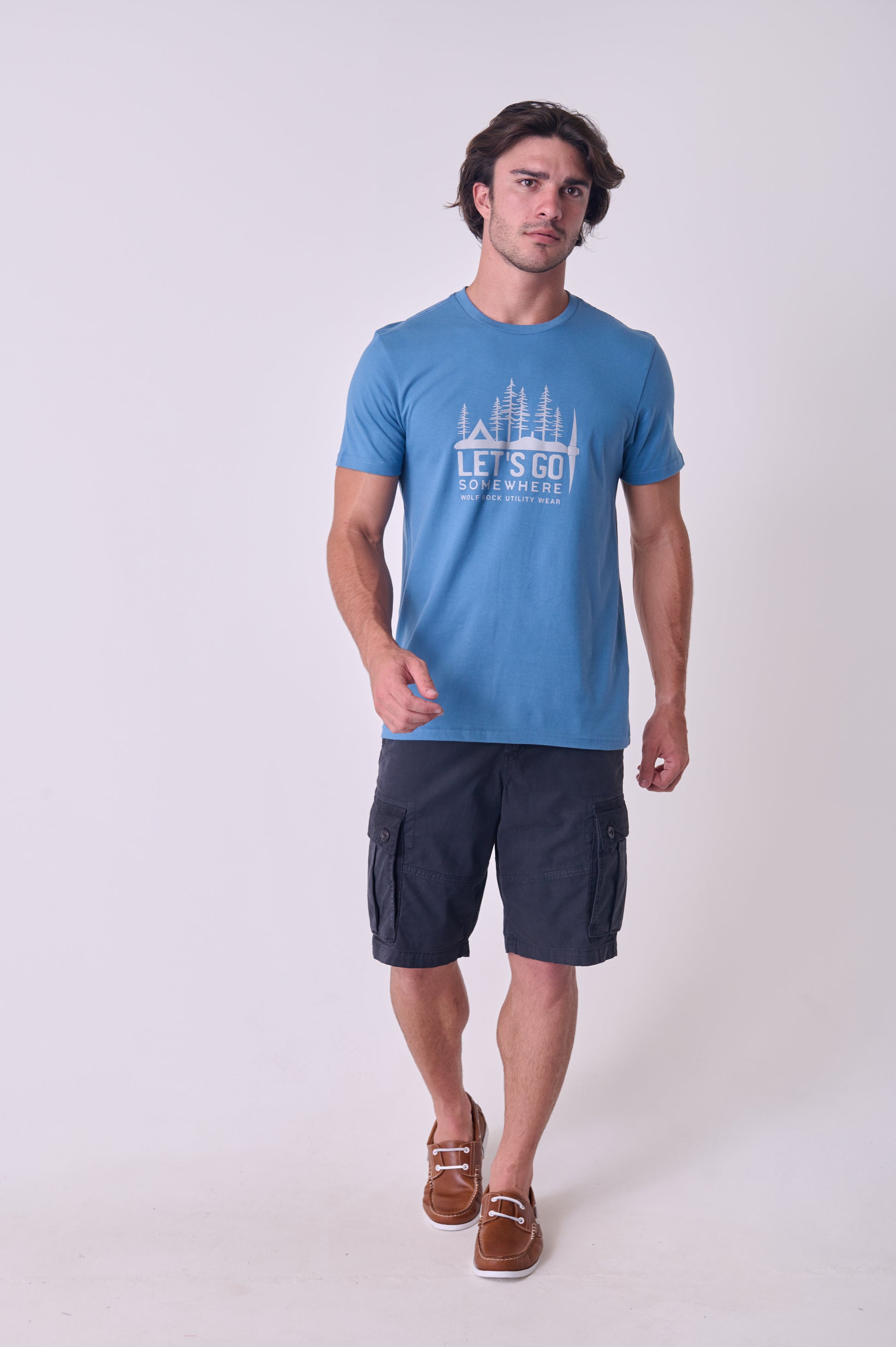 Front view of the Wolf Rock Let's Go Tee in Petrol