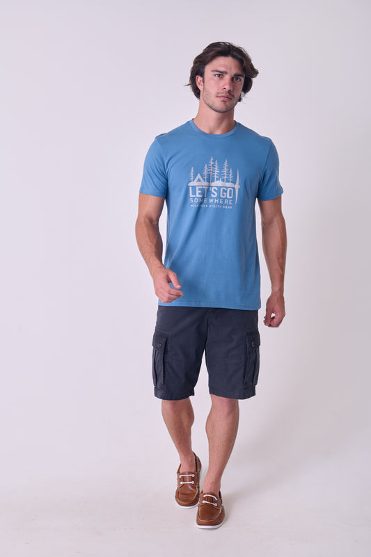 Front view of the Wolf Rock Let's Go Tee in Petrol