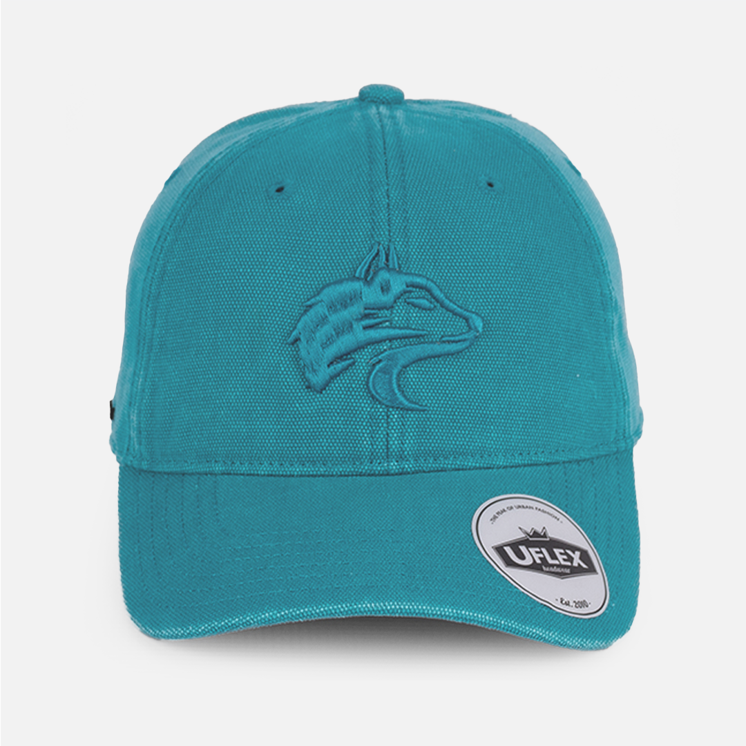 Front view of the Wolf Rock Mint Blue U-Flex Canvas Cap, showing the structured crown and peak.