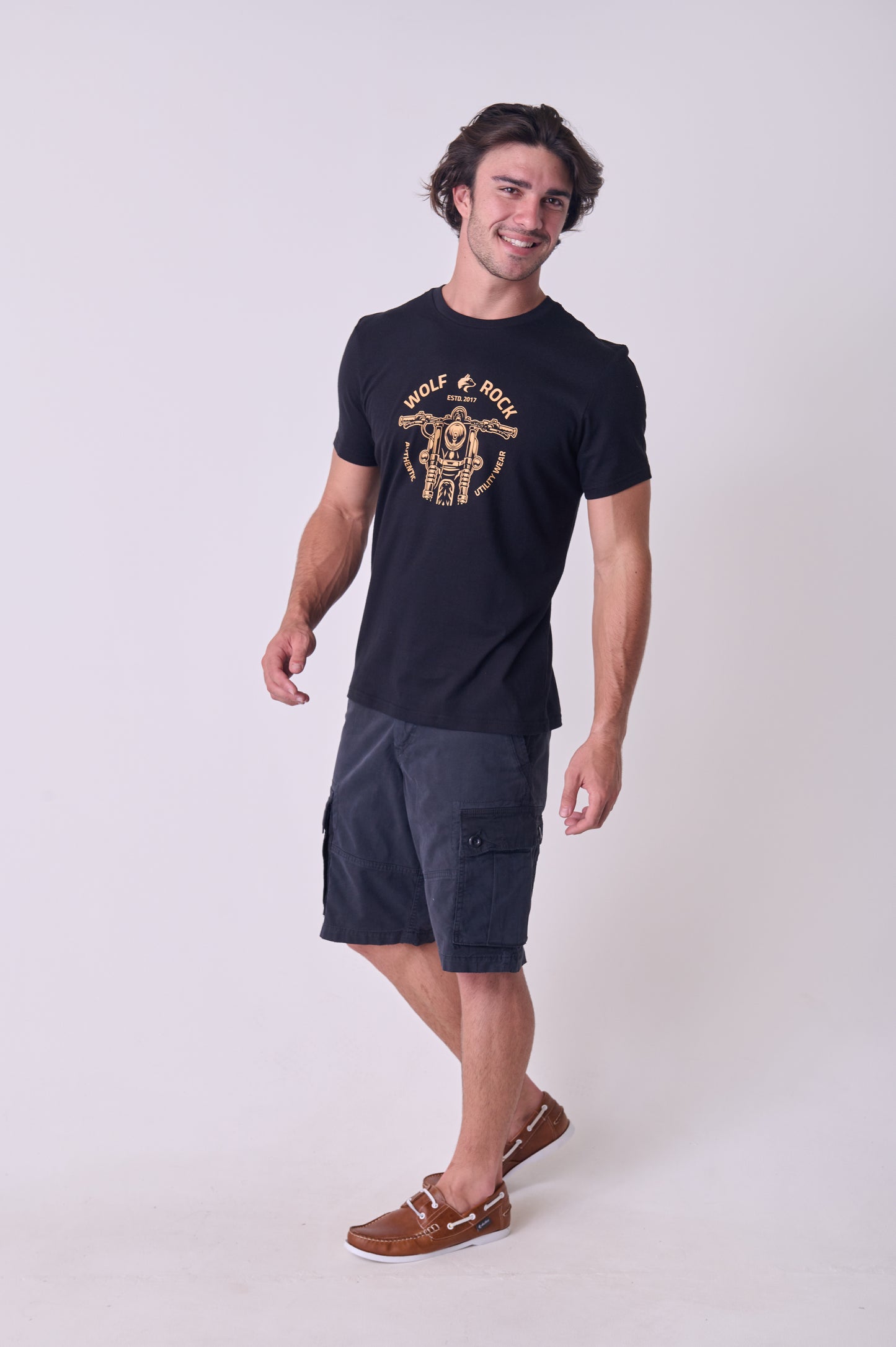 Front view of the Wolf Rock Moto Lights Tee in Black with the bold motorcycle-inspired graphic print.