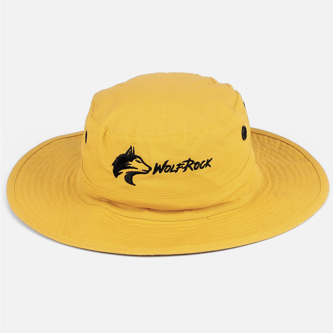 Front view of the Wolf Rock Mustard Rip Stop Wide Brim Hat, showing contract black front embroidery.