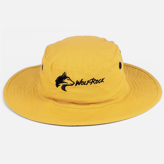 Front view of the Wolf Rock Mustard Rip Stop Wide Brim Hat, showing contract black front embroidery.