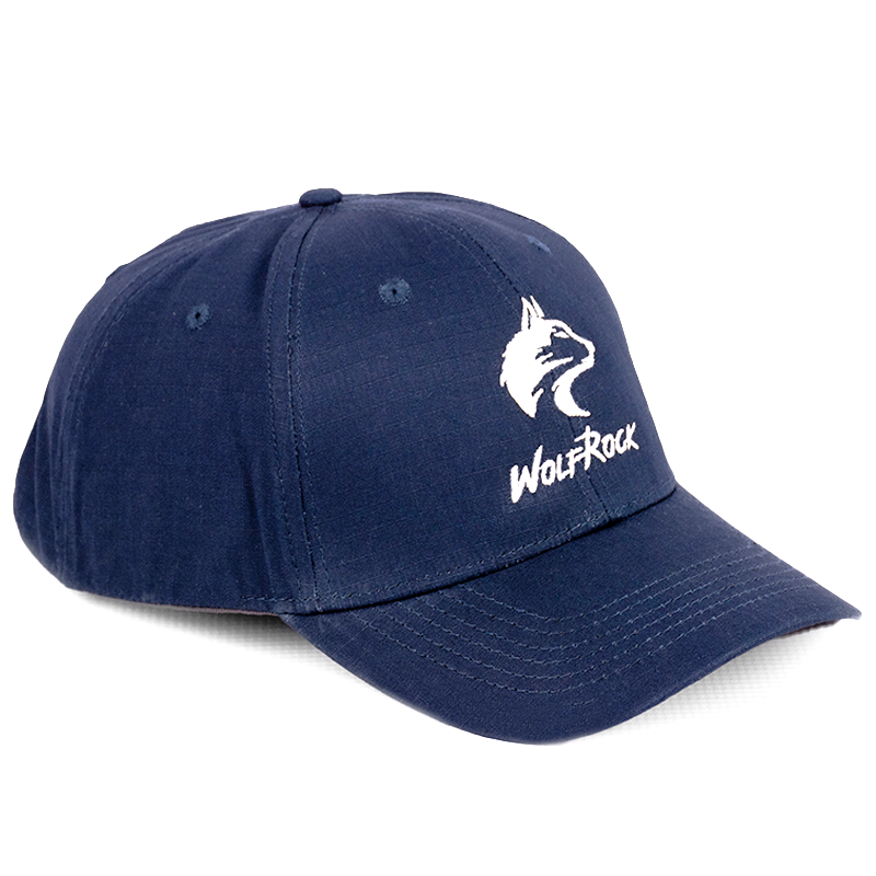 Angled view showing the shape and structured peak of the Navy Rip Stop Cap.