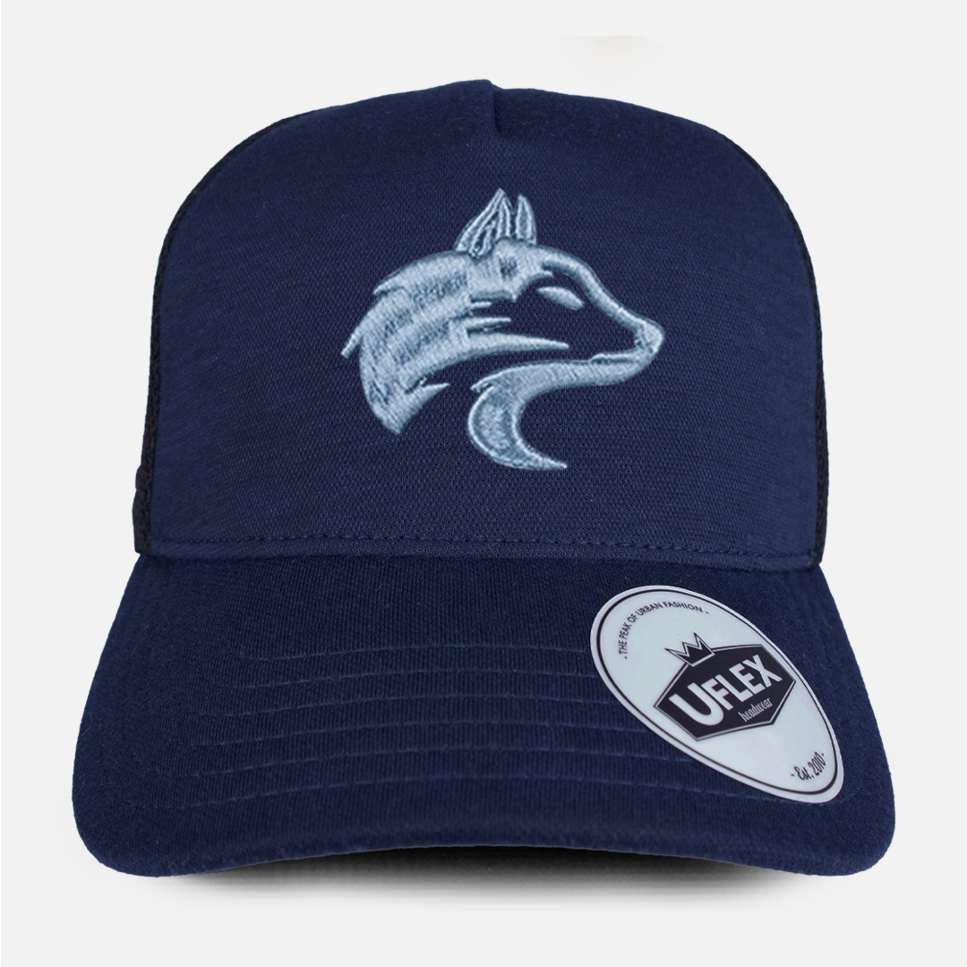 Front view of the Wolf Rock Navy U-Flex Trucker Cap, showing the structured front panel.