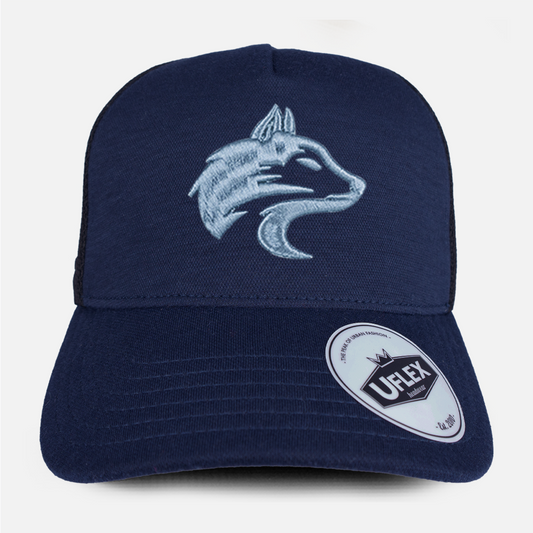 Front view of the Wolf Rock Navy U-Flex Trucker Cap, showing the structured front panel.