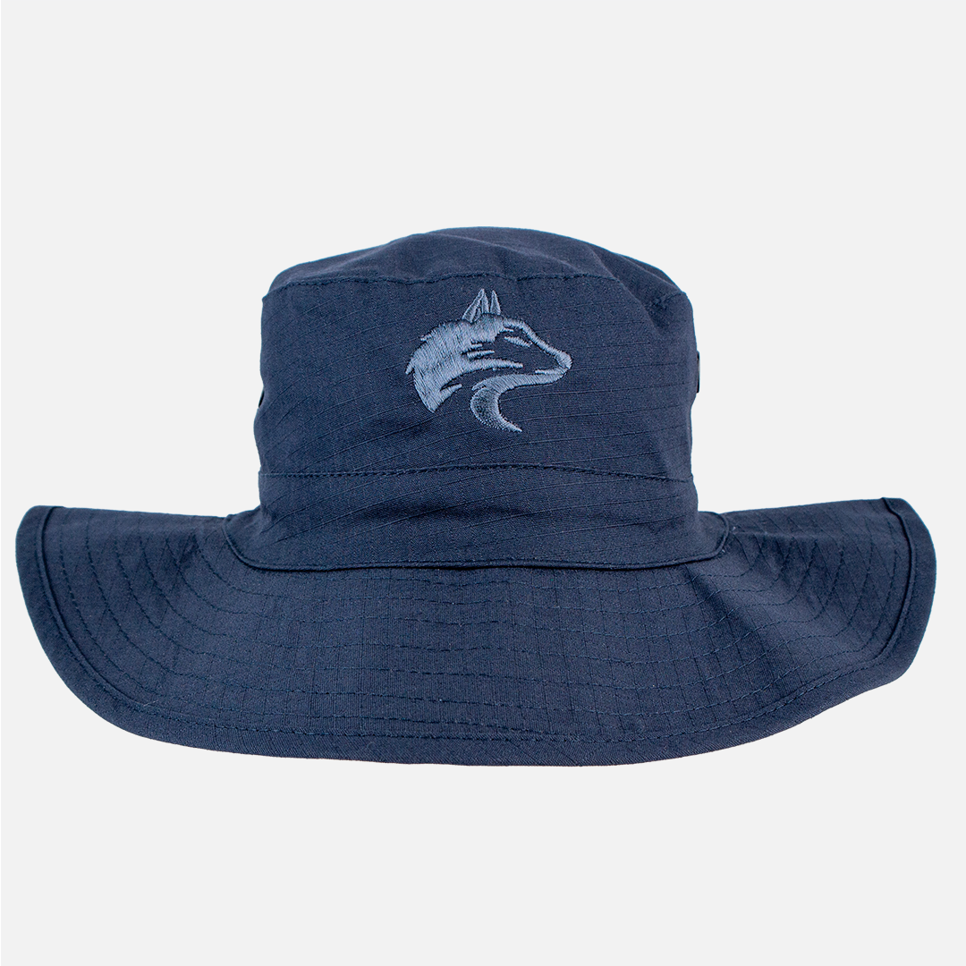 Front view of the Wolf Rock Navy Wide Brim Hat, showing the large brim for sun protection.