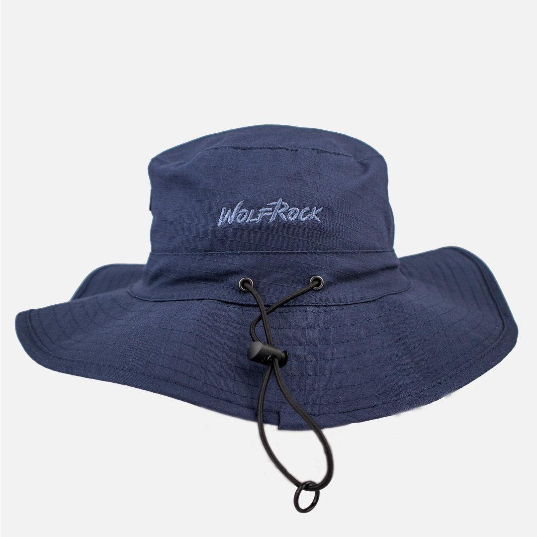 Rear view of the Wolf Rock Navy Wide Brim hat, showing subtle back embroidery and Rip Stop closure detail. 