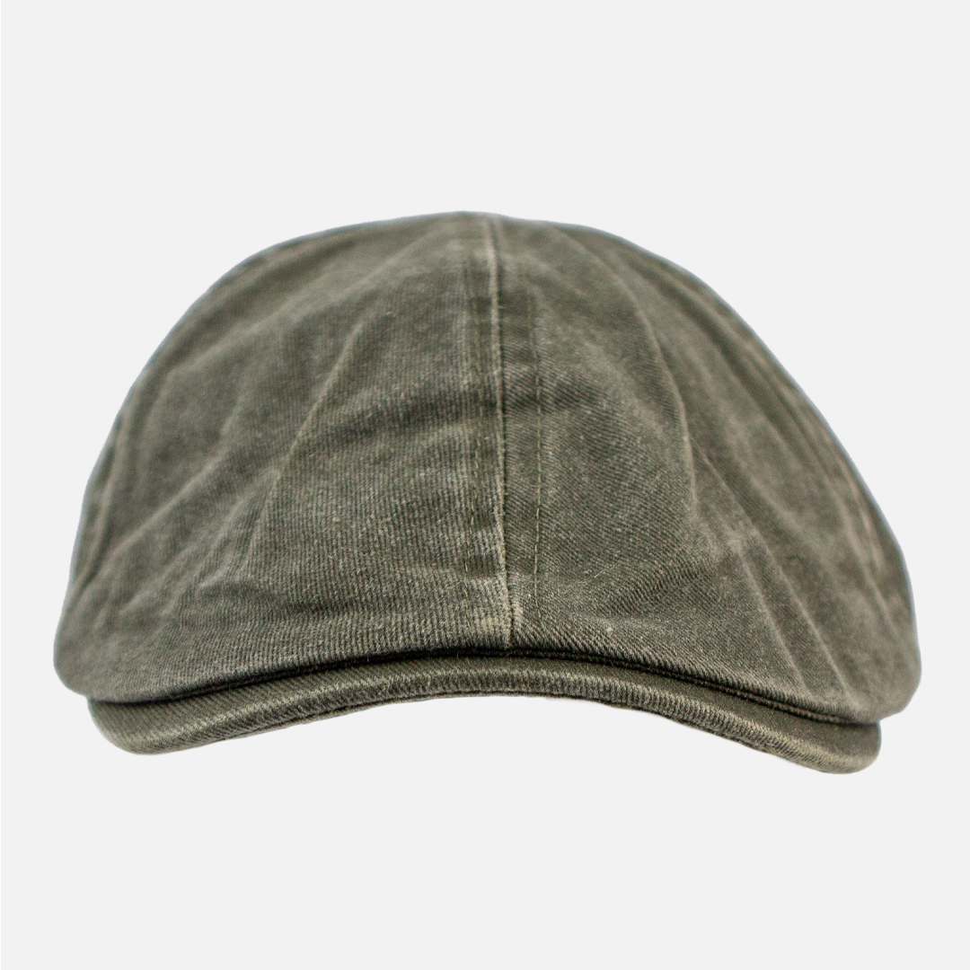 Front view of the Wolf Rock Olive green Cotton Flat Cap.