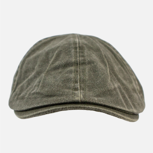 Front view of the Wolf Rock Olive green Cotton Flat Cap.