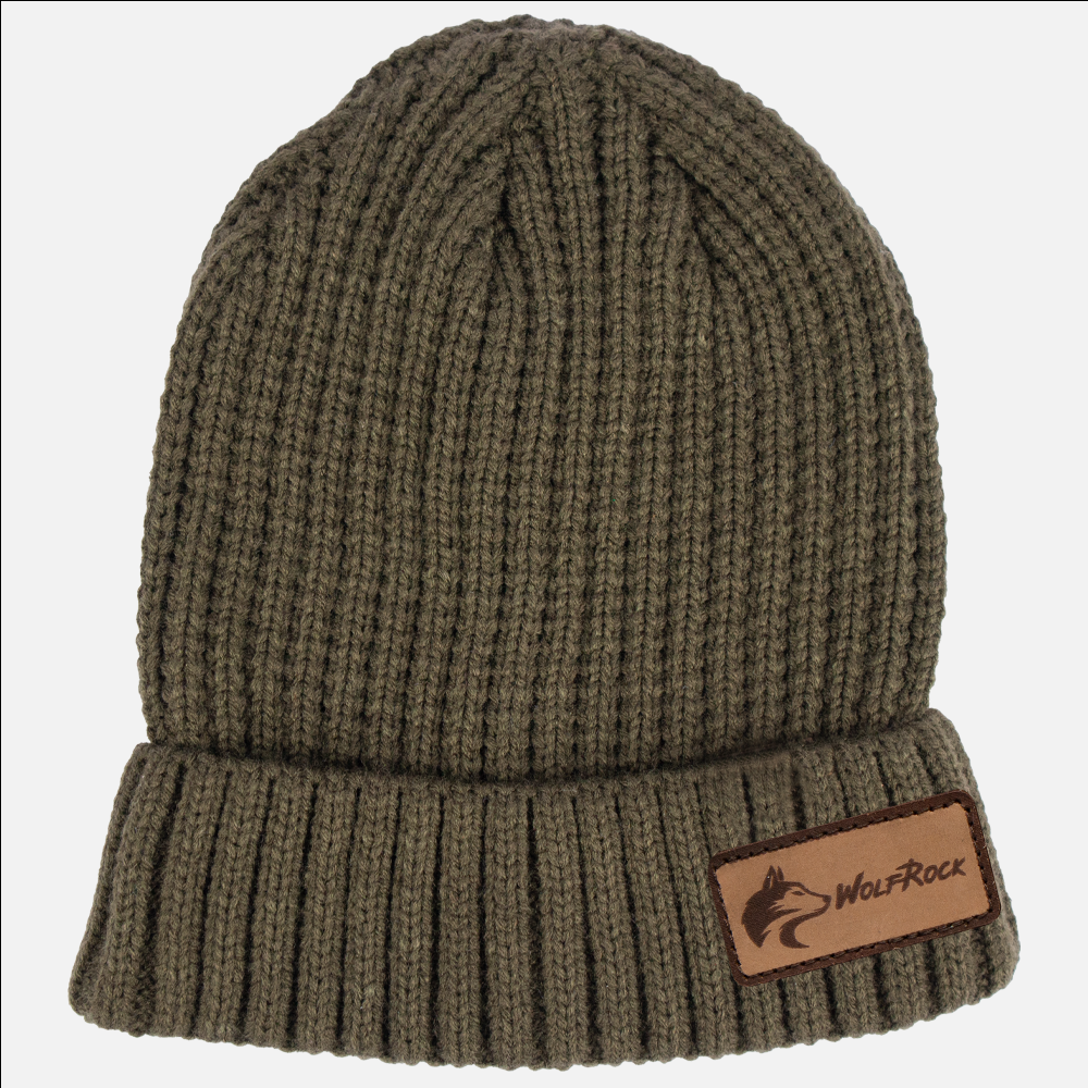 Wolf Rock knitted beanie in olive colour with a leather brand patch on the brim.