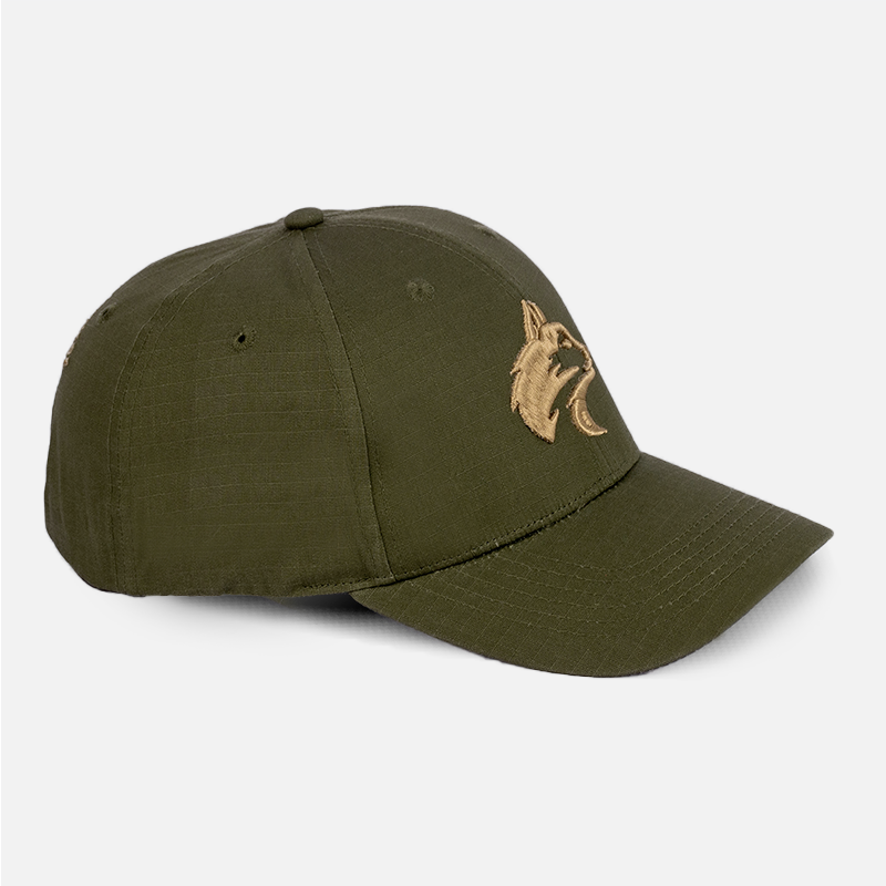 Angled view showing the shape and structured peak of the Olive Rip Stop Cap.