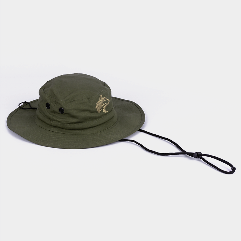 View of the Wolf Rock Olive Wide Brim hat, showing the Rip Stop chin strap detail. 
