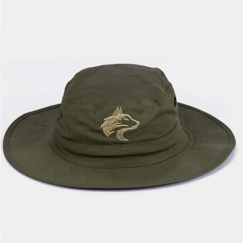 Front view of the Wolf Rock Olive Rip Stop Wide Brim Hat showing the subtle front embroidery.