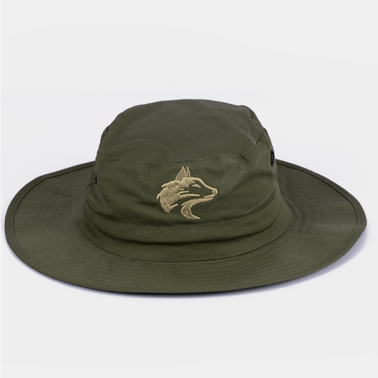 Front view of the Wolf Rock Olive Rip Stop Wide Brim Hat showing the subtle front embroidery.