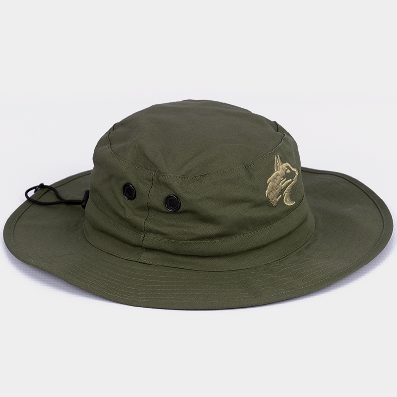 Side view of the Wolf Rock Olive Rip Stop Hat, showing the brim shape and ventilation eyelets.