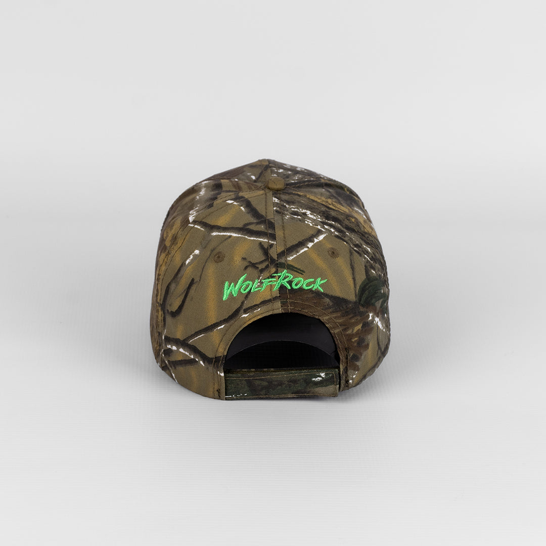 Rear view of the Wolf Rock Pine Camo Cap, showing the adjustable strap closure.