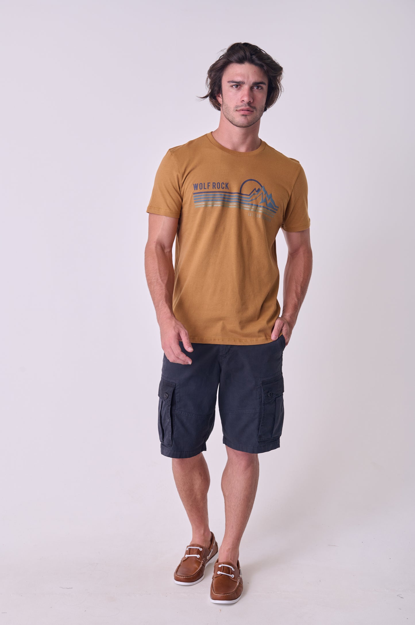Front view of the Wolf Rock Contrast Printed Tee in Cider, showing the bold, contrasting WR logo design across the chest.
