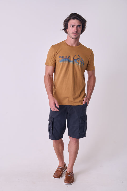 Front view of the Wolf Rock Contrast Printed Tee in Cider, showing the bold, contrasting WR logo design across the chest.