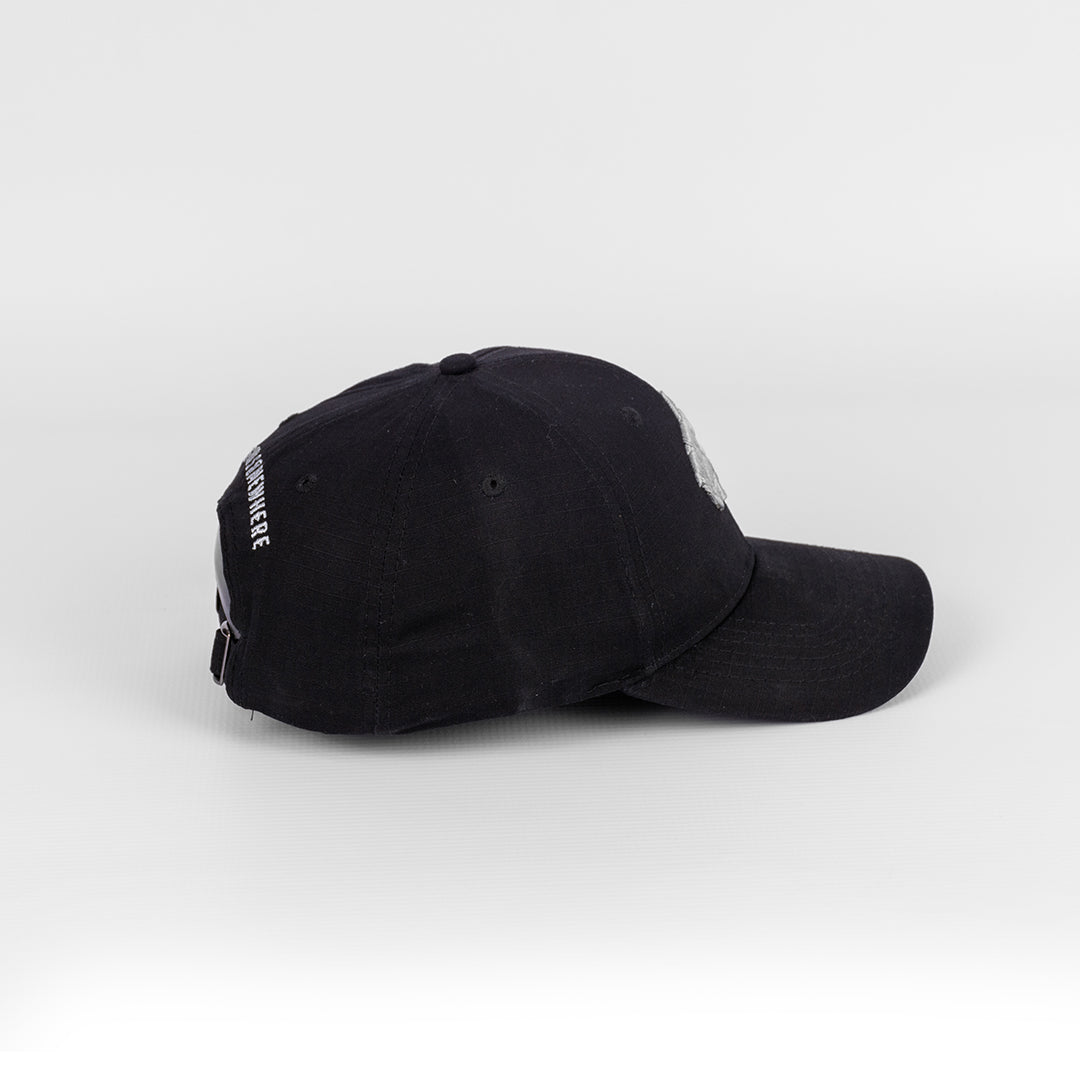 Side view of the Wolf Rock Rip Stop Cap in Black