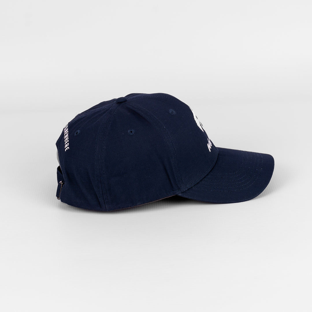 Side view of the Wolf Rock Rip Stop Cap in Navy blue.
