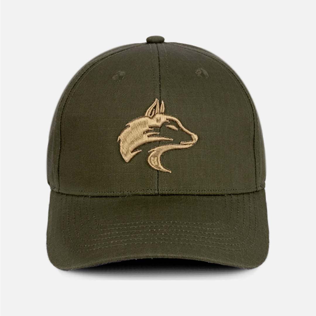Front view of the Wolf Rock Rip Stop Cap in Olive green.