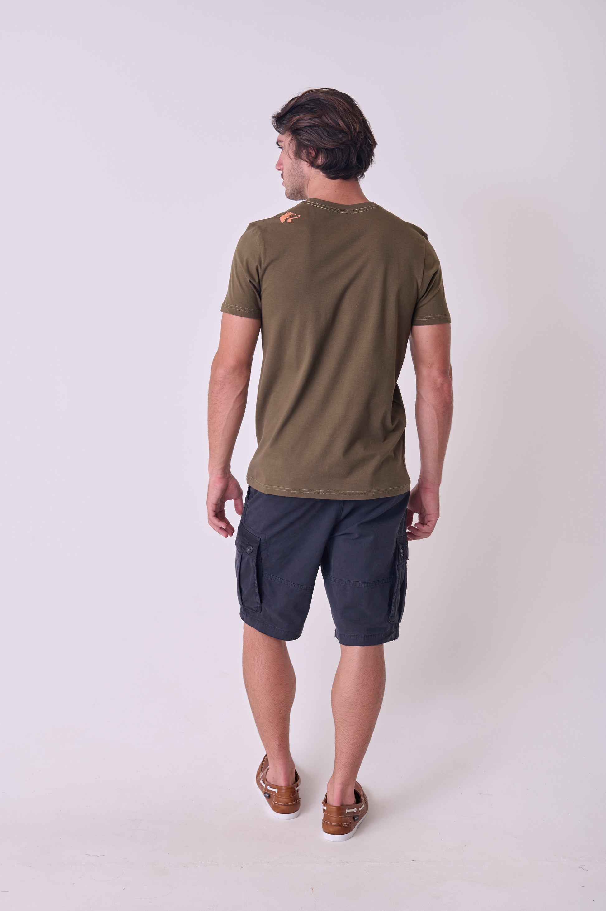 Back view of the Bronze Wolf Rock T-shirt, showing the solid colour and fit.