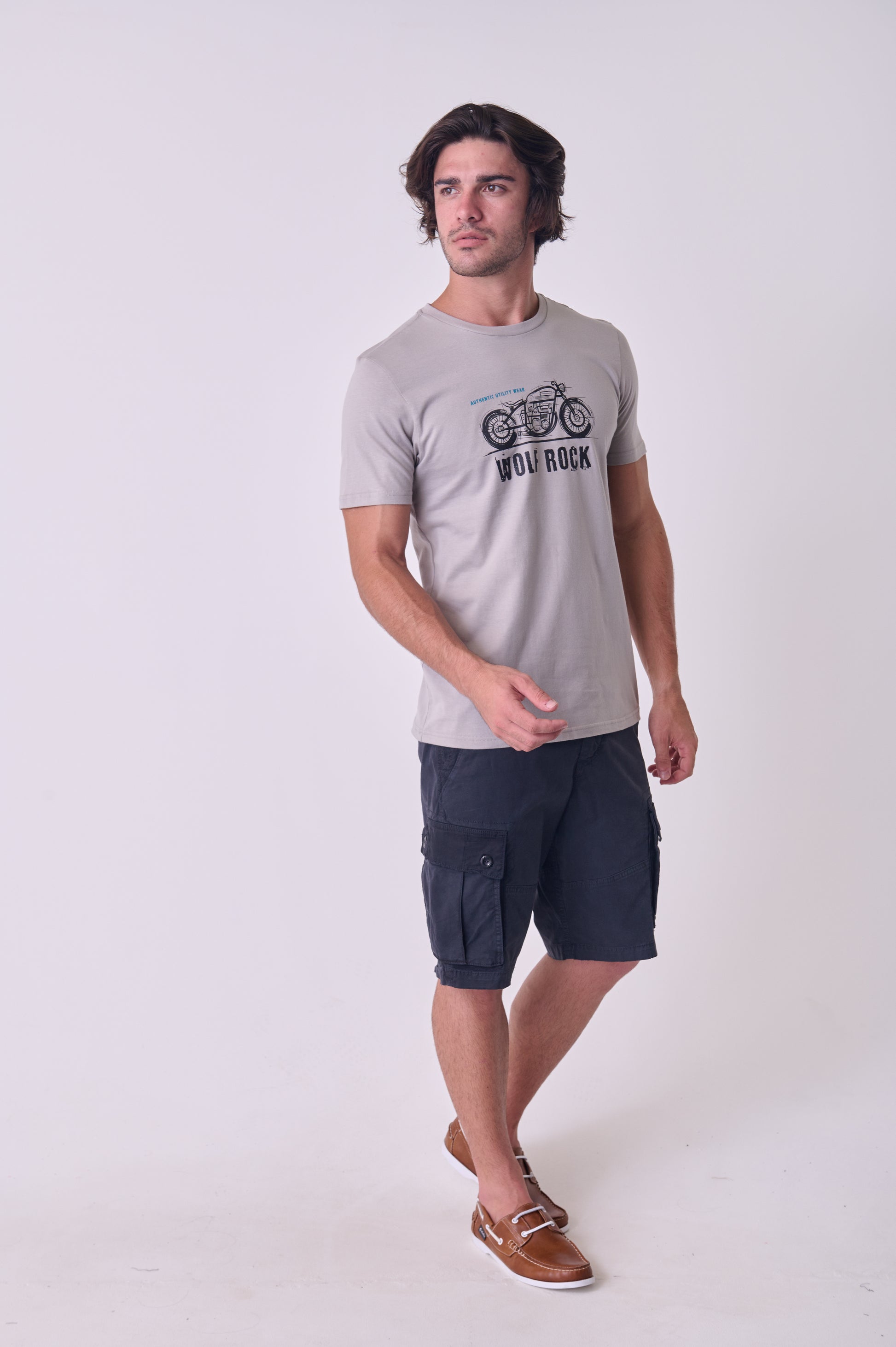 Close-up of the durable chest graphic print detail on the Wolf Rock Grey Road Untaken T-shirt.