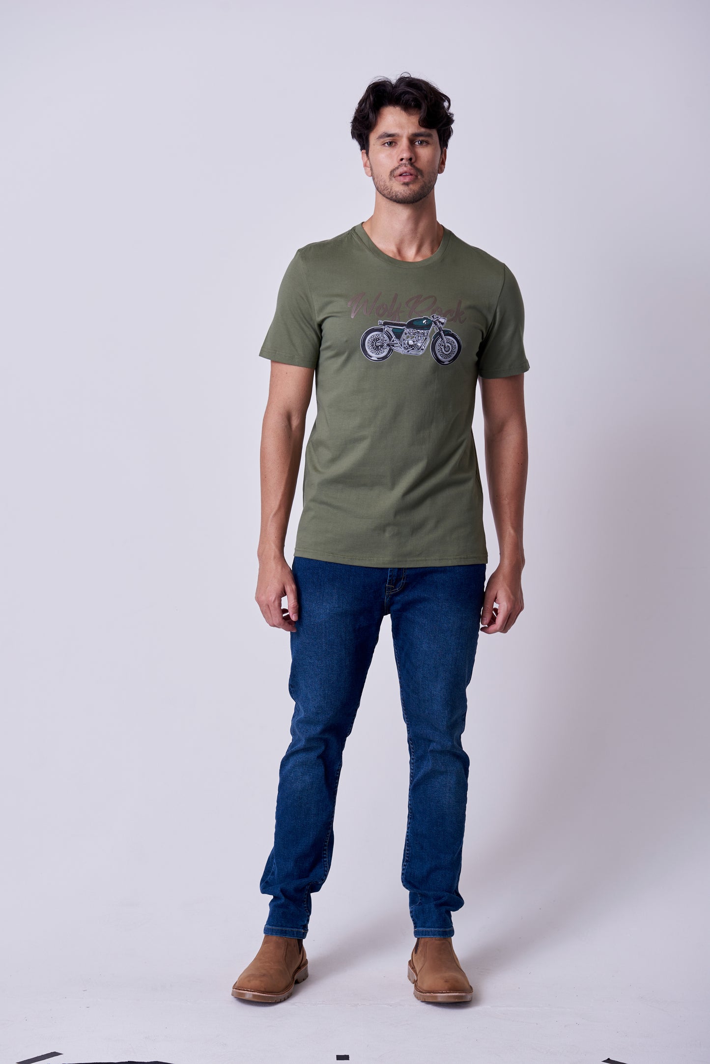 Front view of the Wolf Rock Ryder Tee in Burnt Olive with the vintage road trip graphic print.