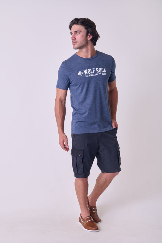 Front view of the Wolf Rock Standard Tee in Navy Mélange, a classic men's comfortable cotton shirt.