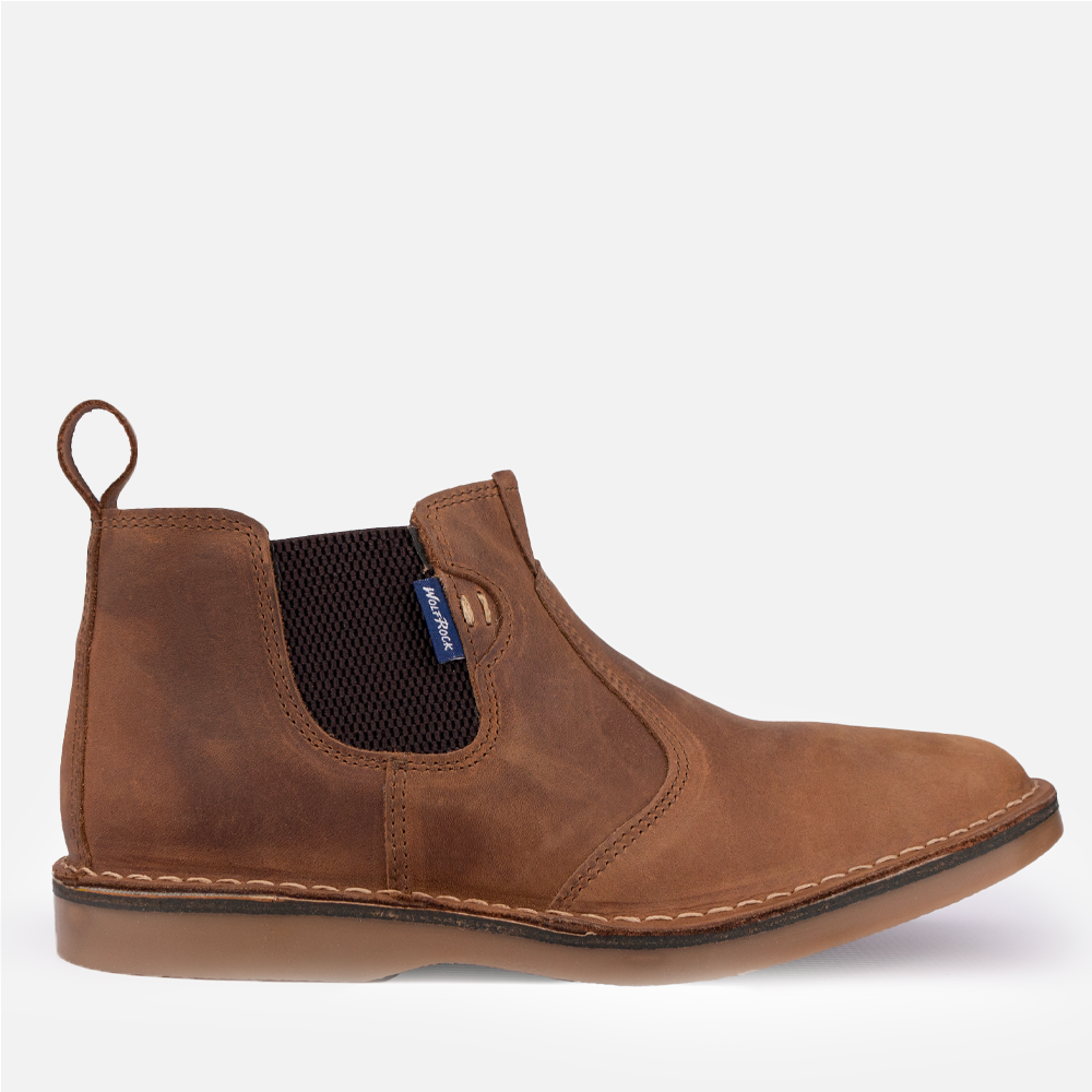 Side profile of the Wolf Rock Timber Mid-Boot in Santiago Dark Choc full-grain leather, a men's casual slip-on gusset boot.