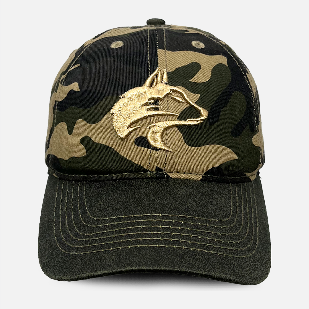 Front view of the Wolf Rock Washed Cotton Oil Skin Camo Cap.