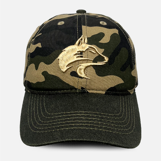 Front view of the Wolf Rock Washed Cotton Oil Skin Camo Cap.